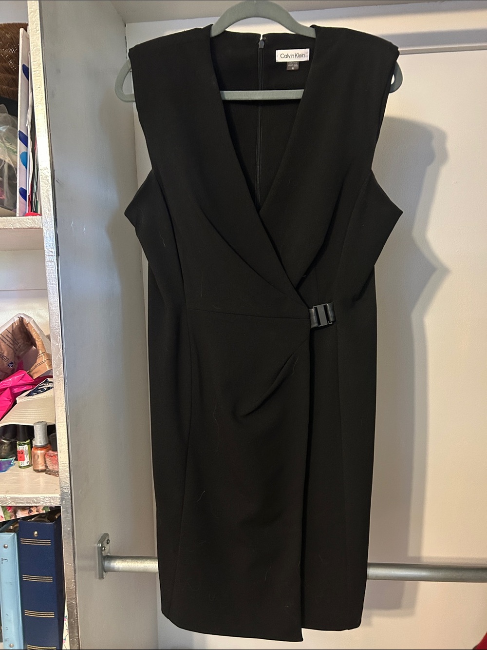 Calvin Klein Black Sleeveless faux- Wrap Sheath Dress with Buckle